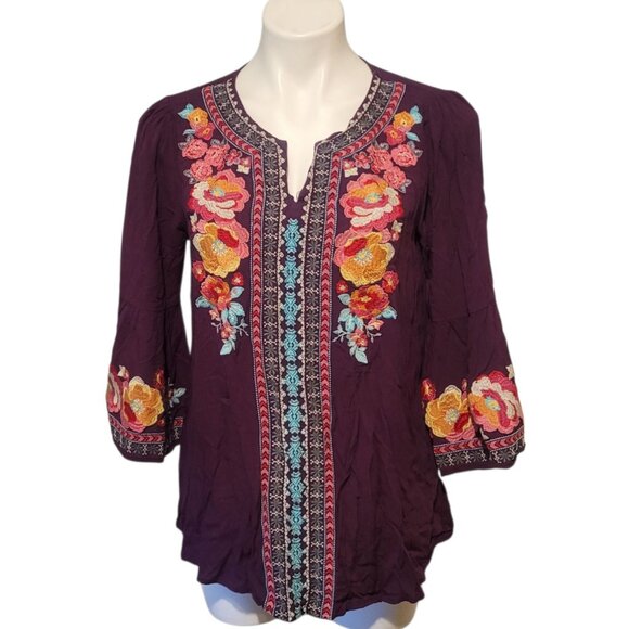 Andree By Unit Peasant Tunic Top Medium Embroidered Floral Purple Boho - Picture 1 of 6